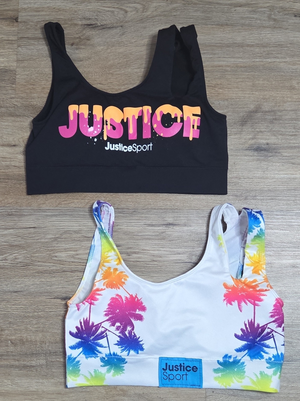 Justice Sport Black Logo Sports Bra & Rainbow Palm Print Sports Bra Set